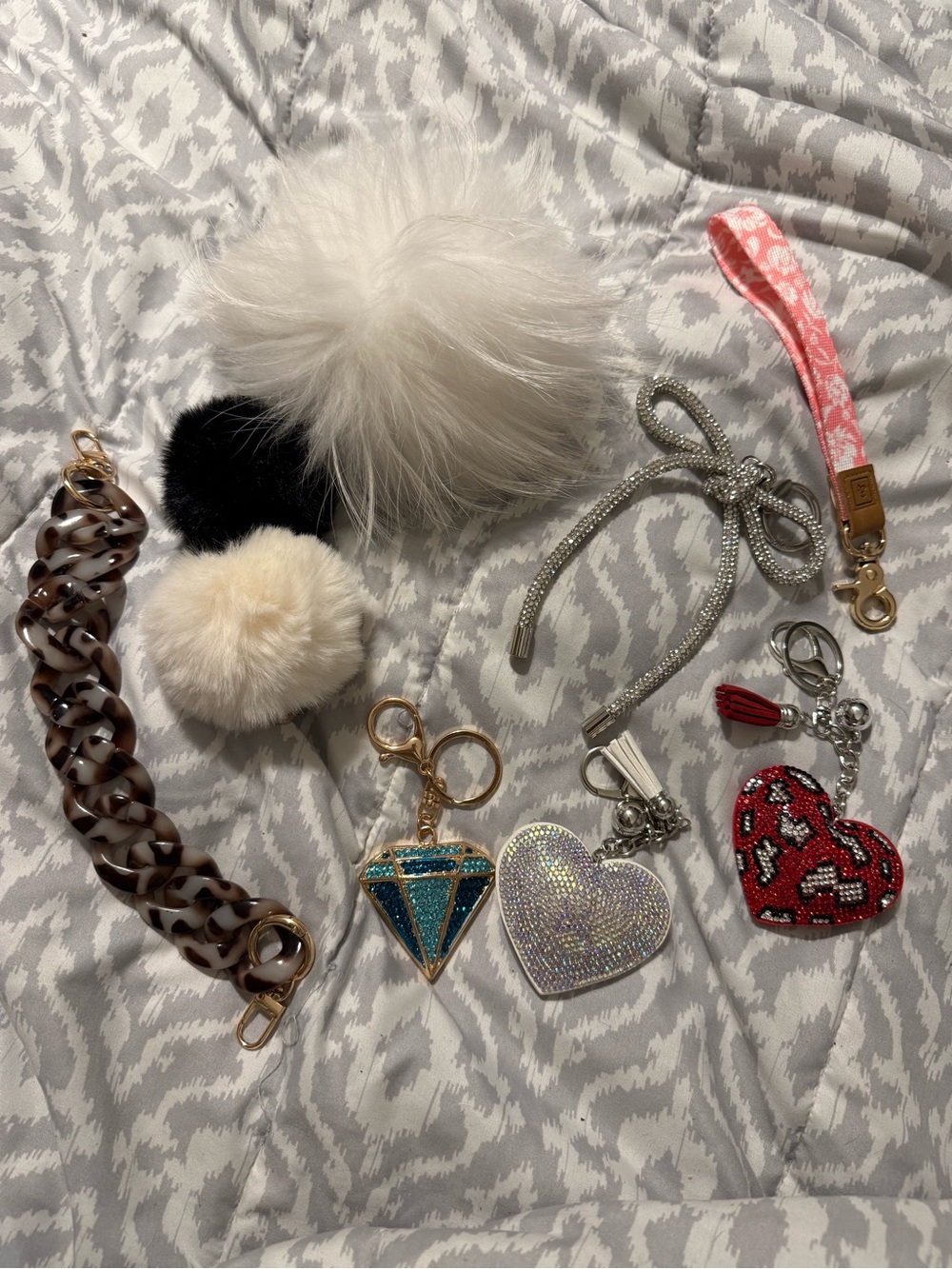 Crystal Heart & Diamond Charm Keychain Set - Red, Silver, Blue, Ivory